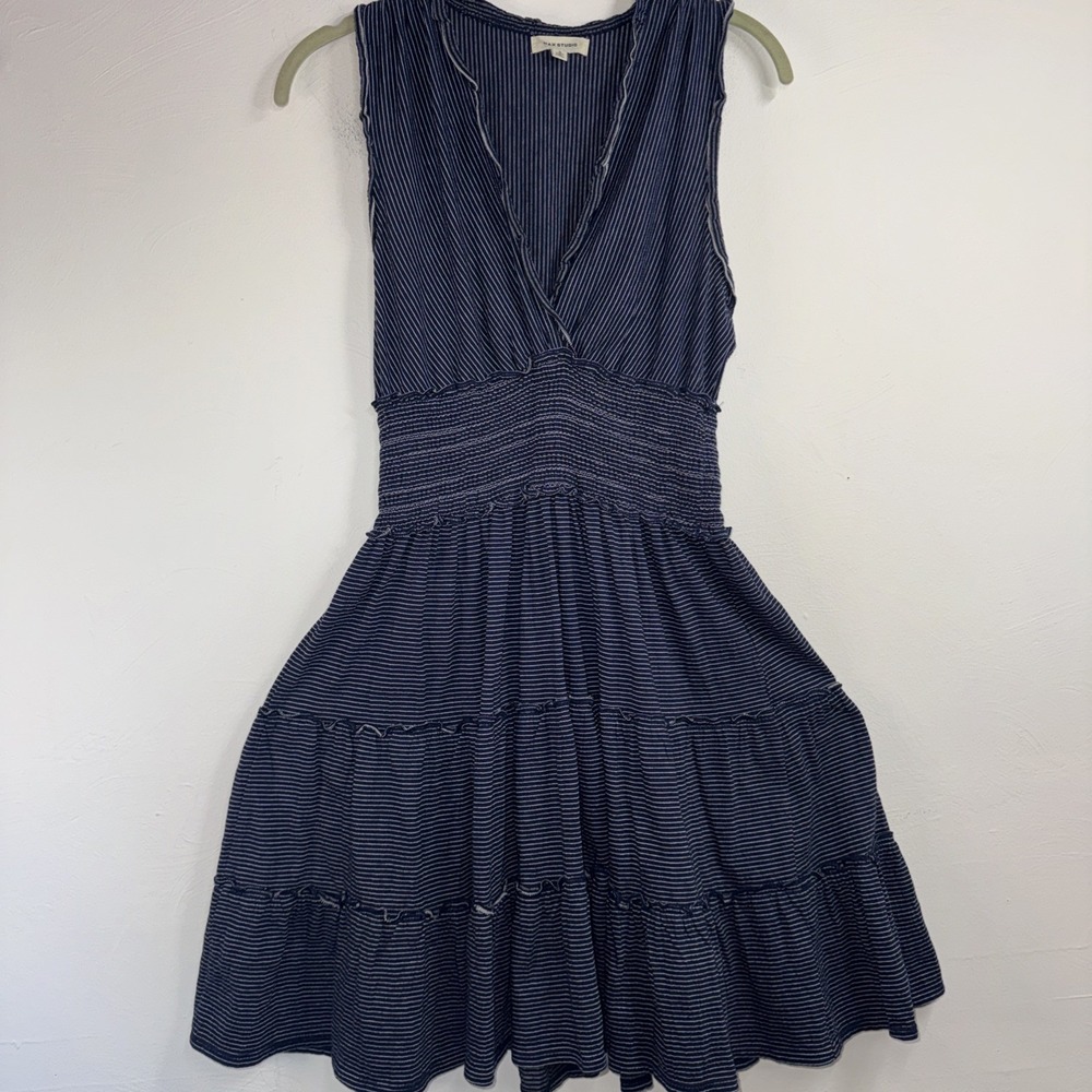 Max Studio Dress Womens Small Blue Stripe Sleeveless Smocked Waist Tiered Knit
